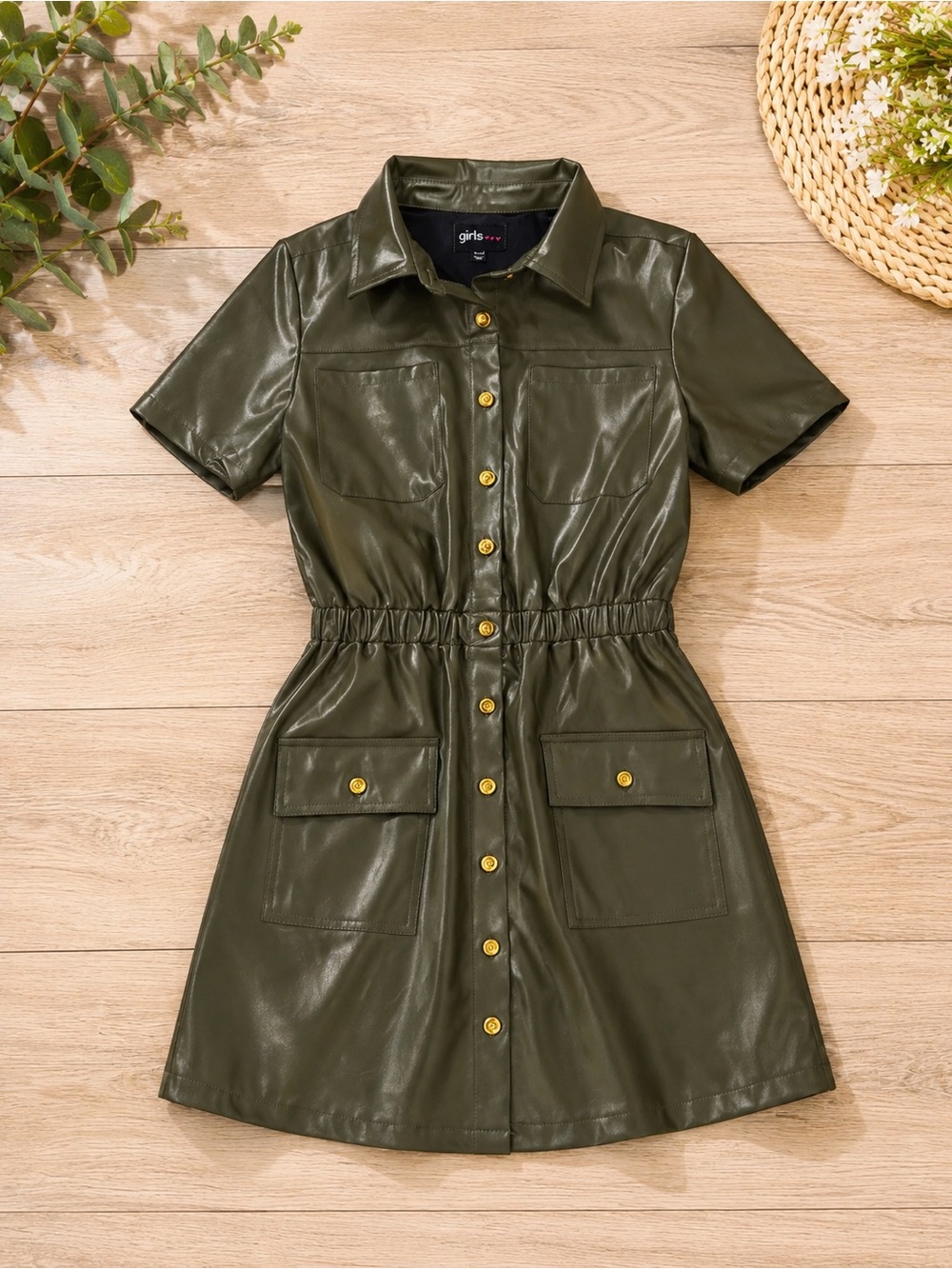 Utility Faux-Leather Mini Dress in Olive Green